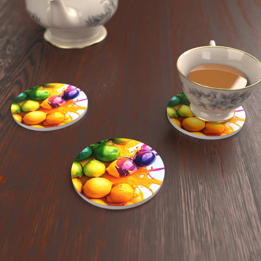 Lemons, Limes & Plums Splash Round Ceramic Coasters – Set of 6 – lifestyle mockup with a teacup