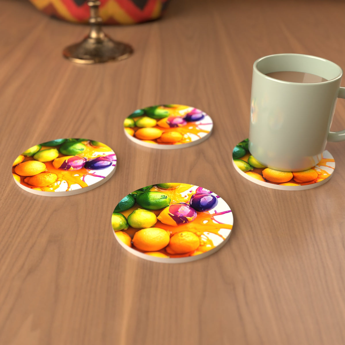 Lemons, Limes & Plums Splash Round Ceramic Coasters – Set of 6 – cosy lifestyle mockup