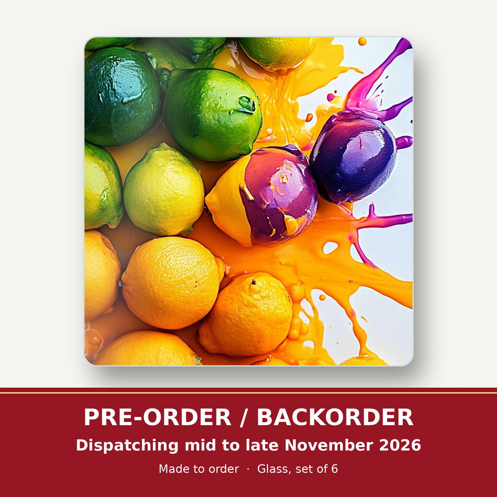 Lemons, Limes & Plums Splash square glass coaster set of 6 – pre-order / backorder, dispatching mid to late November 2026