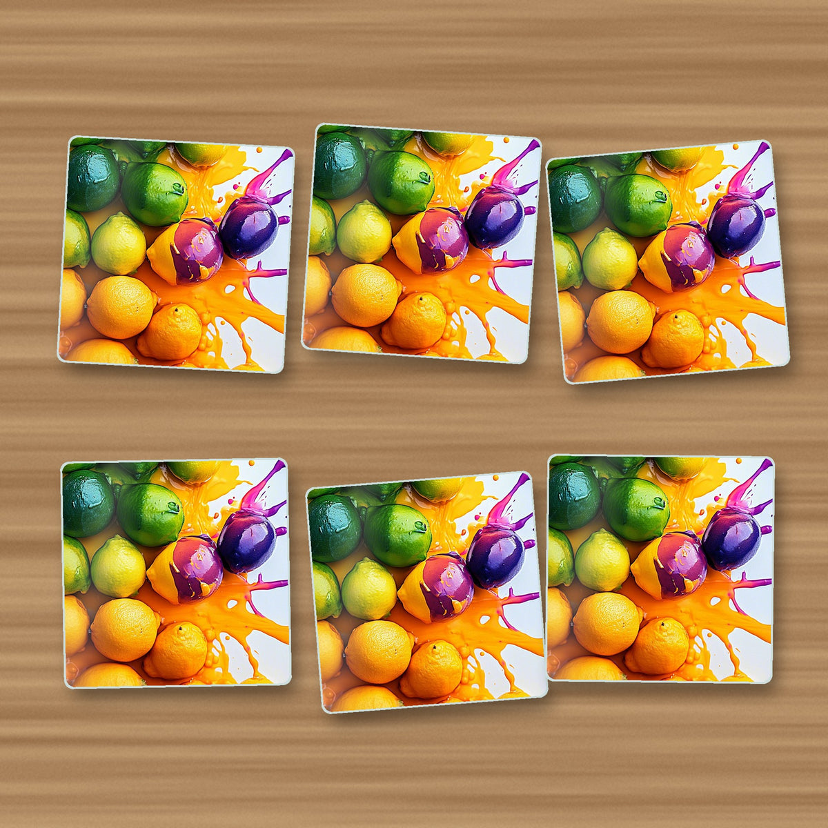 Lemons, Limes & Plums Splash square glass coasters, set of 6, on an oak coffee table