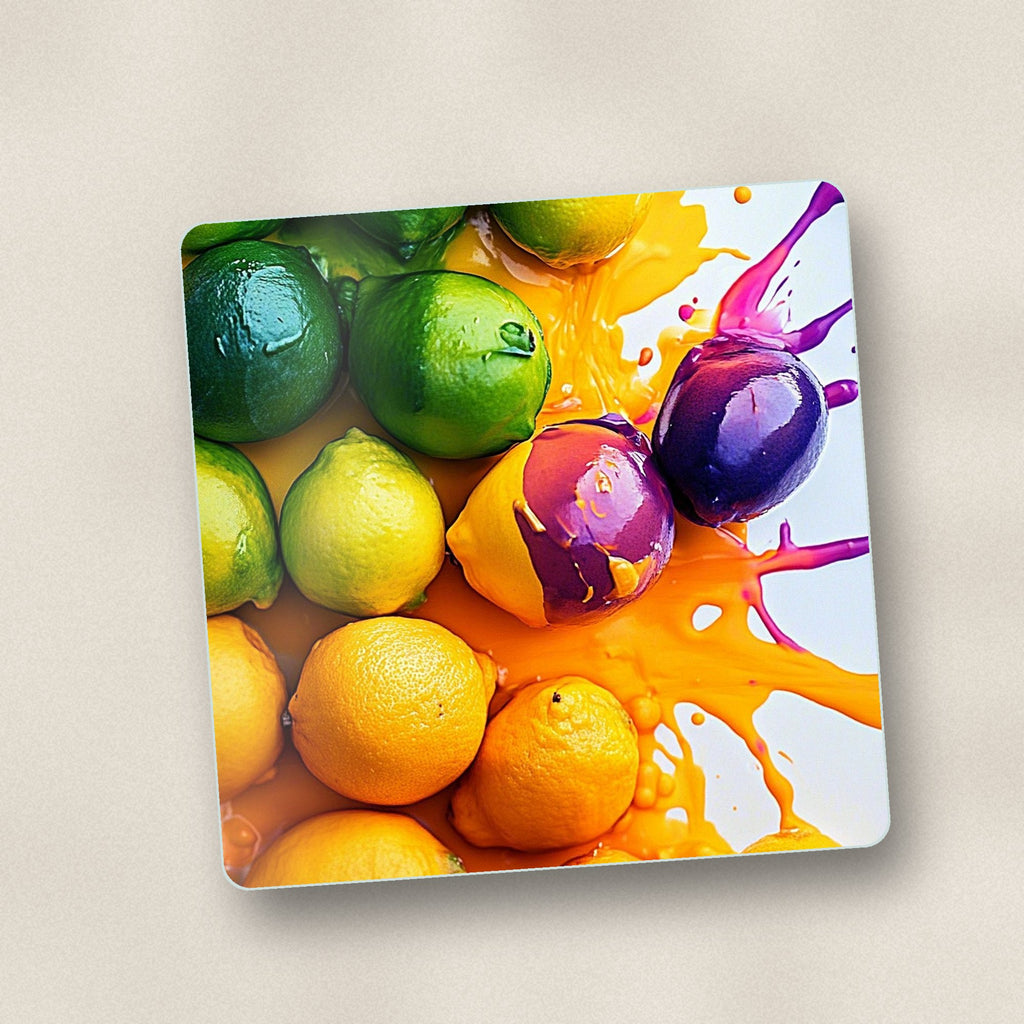 Close-up of one lemons, limes & plums splash square glass coaster, flat UV print
