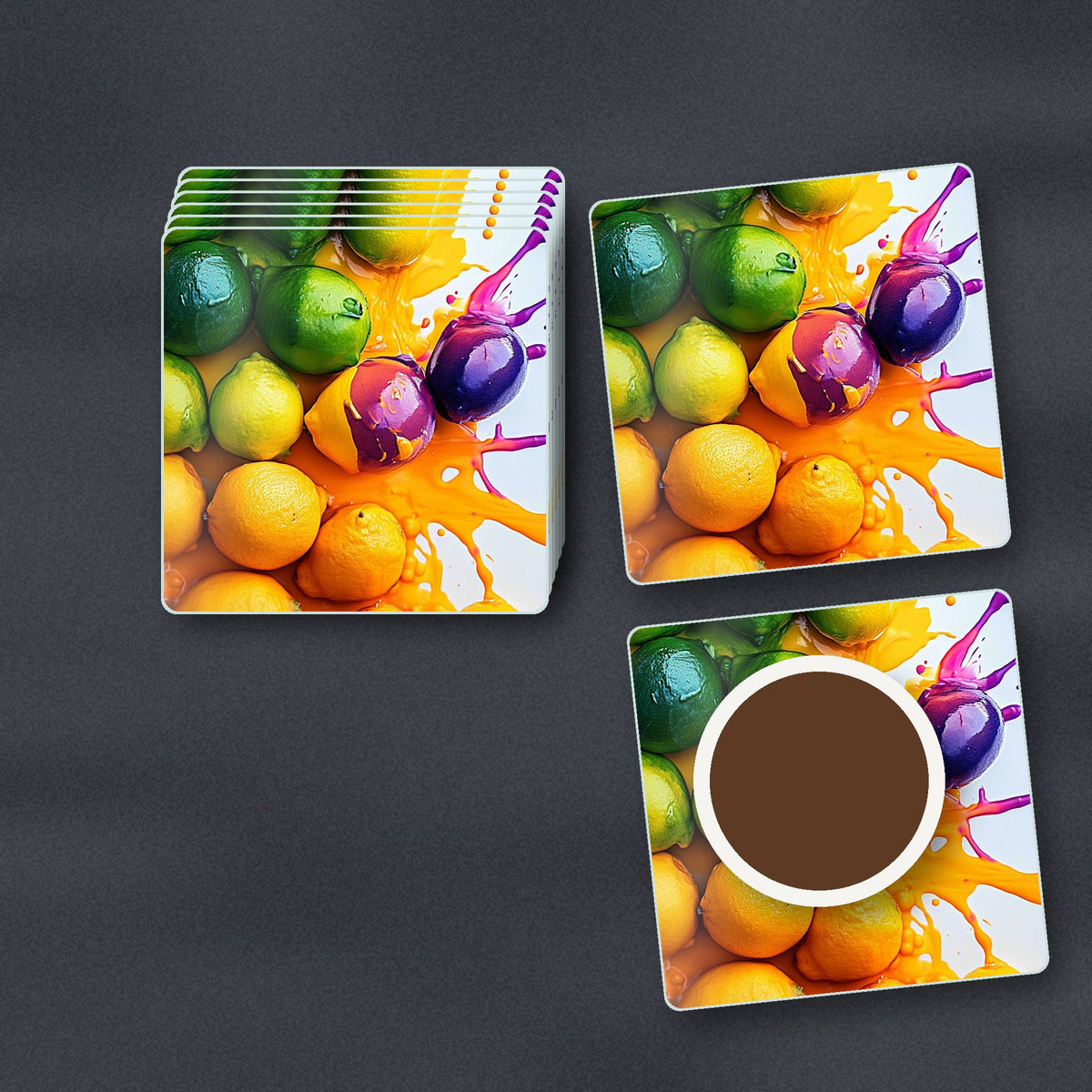Lemons, Limes & Plums Splash square glass coasters stacked on a slate kitchen worktop