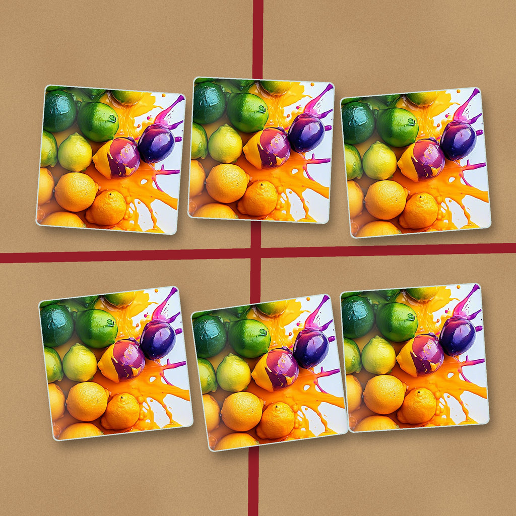 Lemons, Limes & Plums Splash square glass coasters on kraft gift wrap