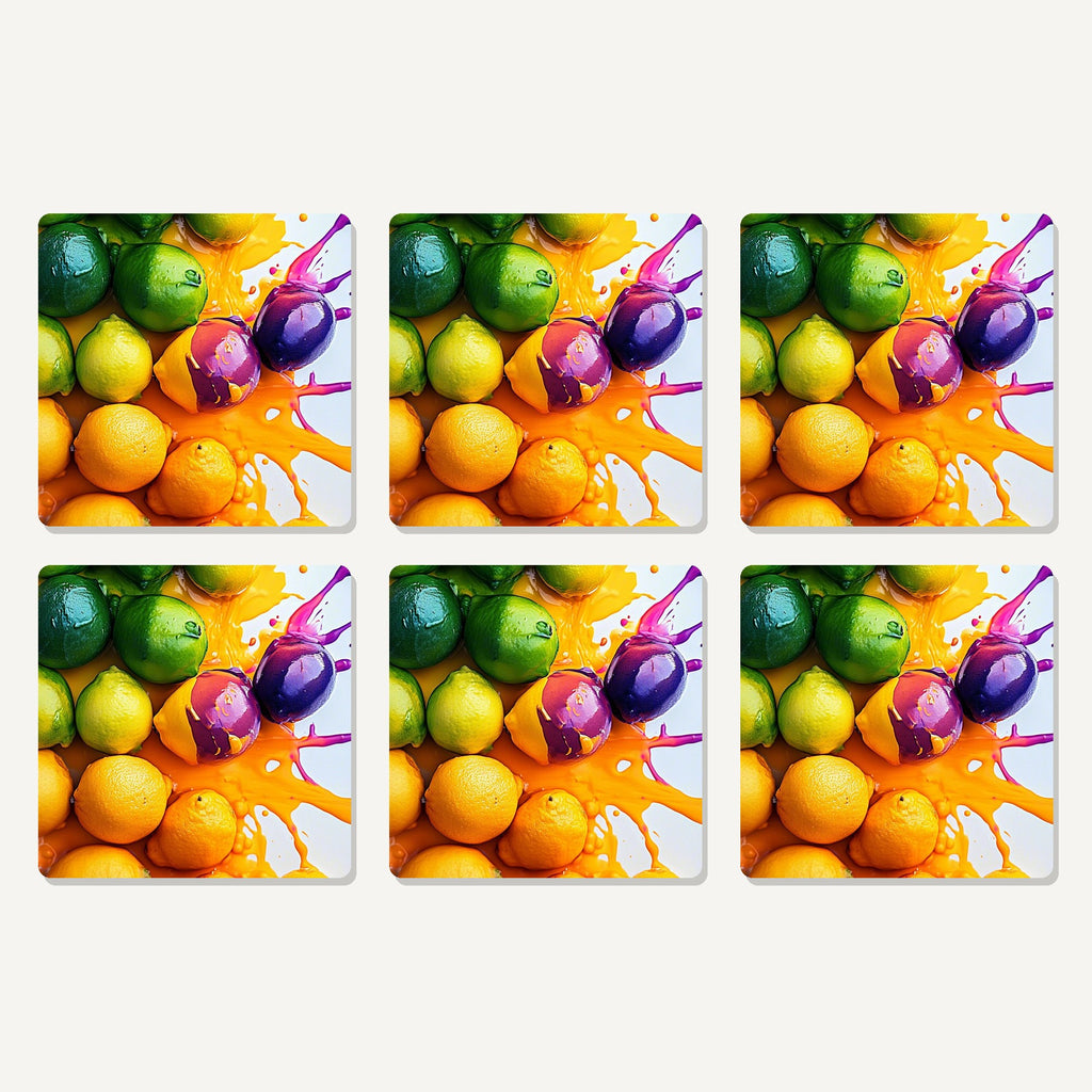Flat lay of the lemons, limes & plums splash artwork on six square coasters