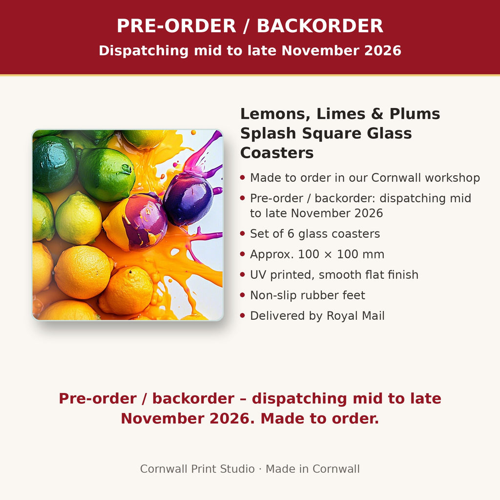 Info card: Lemons, Limes & Plums Splash Square Glass Coasters – Set of 6, made to order, dispatching mid to late November 2026, delivered by Royal Mail