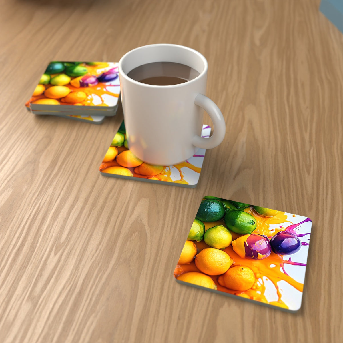 Lemons, Limes & Plums Splash Square Glass Coasters – Set of 6 – lifestyle mockup with a mug of coffee