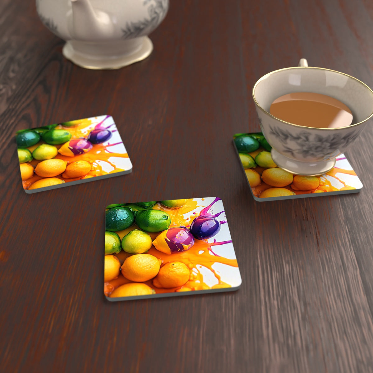 Lemons, Limes & Plums Splash Square Glass Coasters – Set of 6 – lifestyle mockup with a teacup