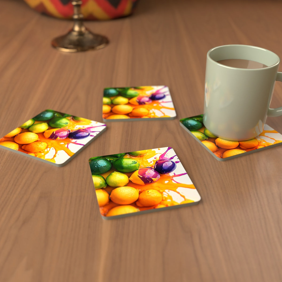 Lemons, Limes & Plums Splash Square Glass Coasters – Set of 6 – cosy lifestyle mockup
