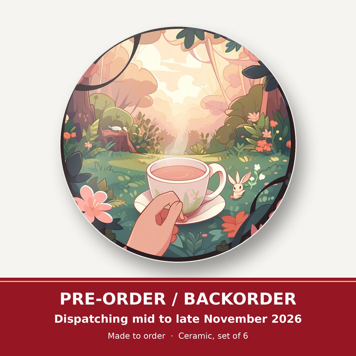 Cup of Tea in an Enchanted Garden round ceramic coaster set of 6 – pre-order / backorder, dispatching mid to late November 2026