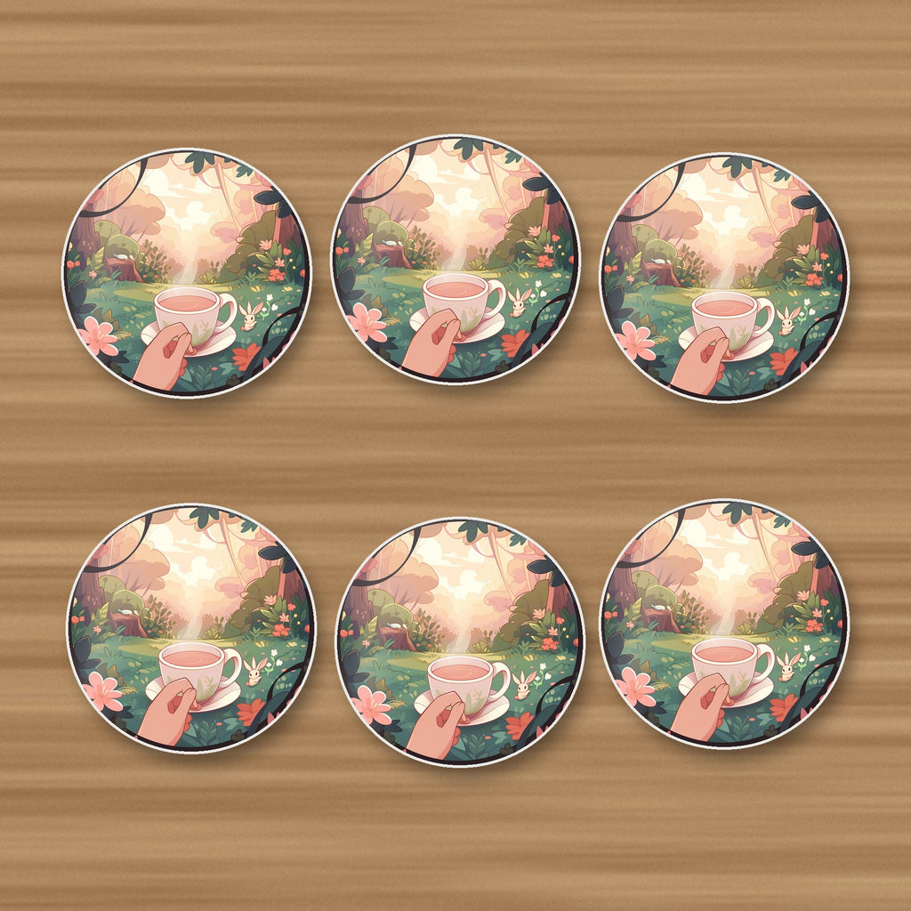 Cup of Tea in an Enchanted Garden round ceramic coasters, set of 6, on an oak coffee table
