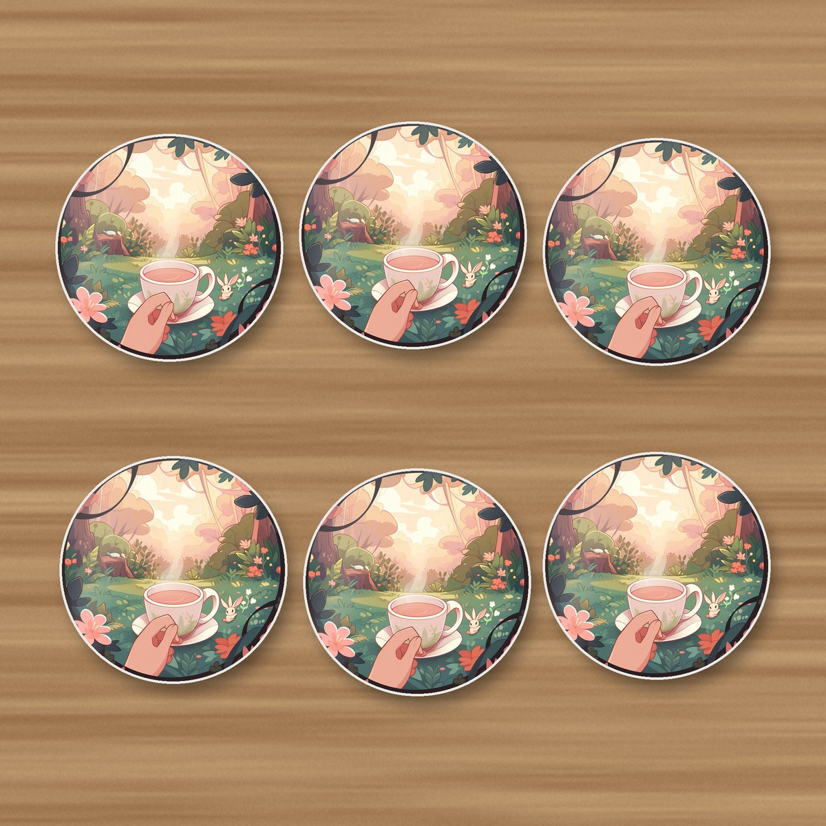 Cup of Tea in an Enchanted Garden round ceramic coasters, set of 6, on an oak coffee table