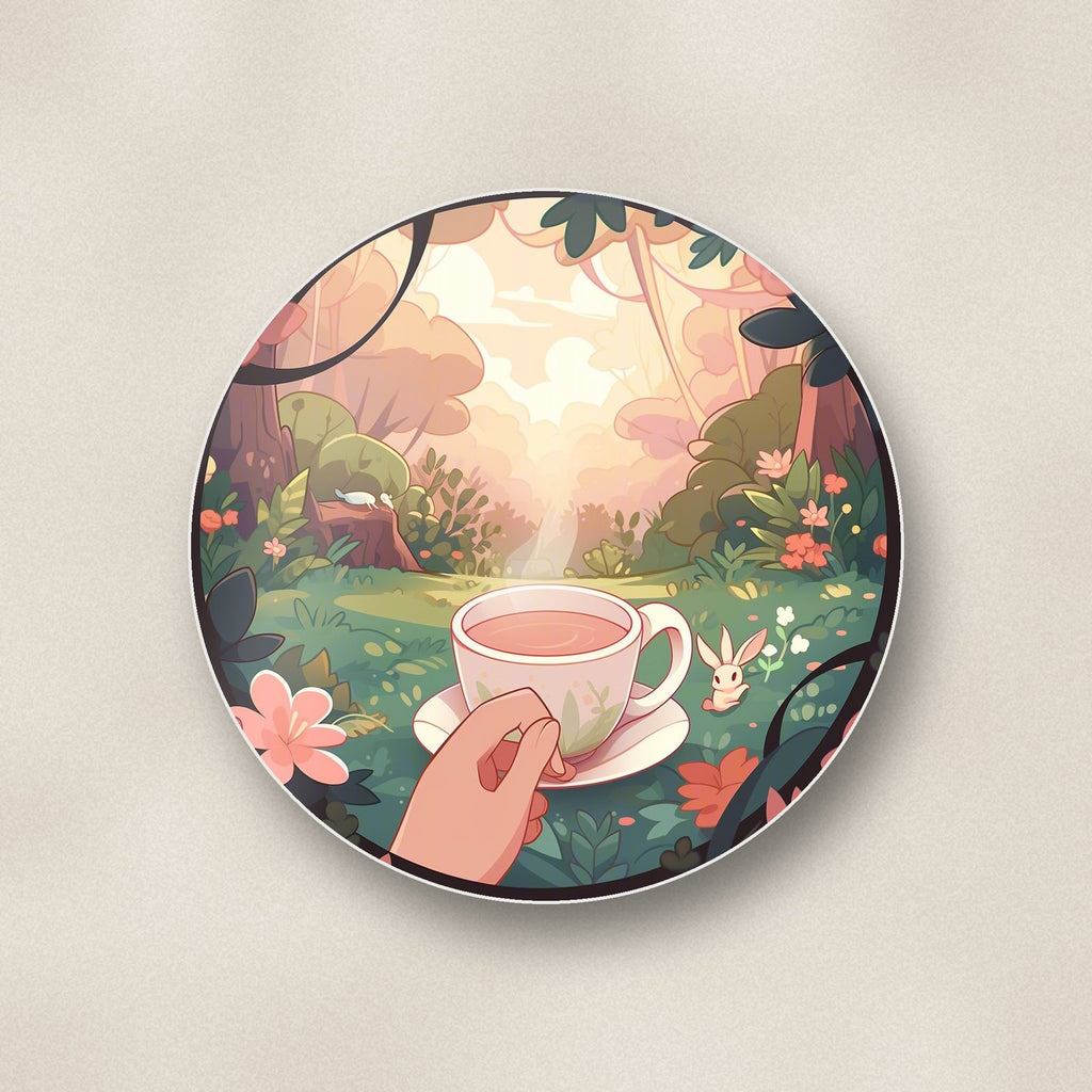 Close-up of one cup of tea in an enchanted garden round ceramic coaster, flat UV print