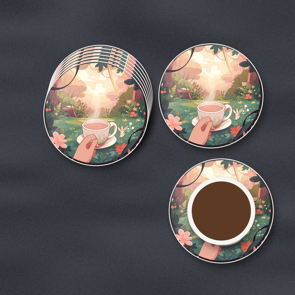 Cup of Tea in an Enchanted Garden round ceramic coasters stacked on a slate kitchen worktop