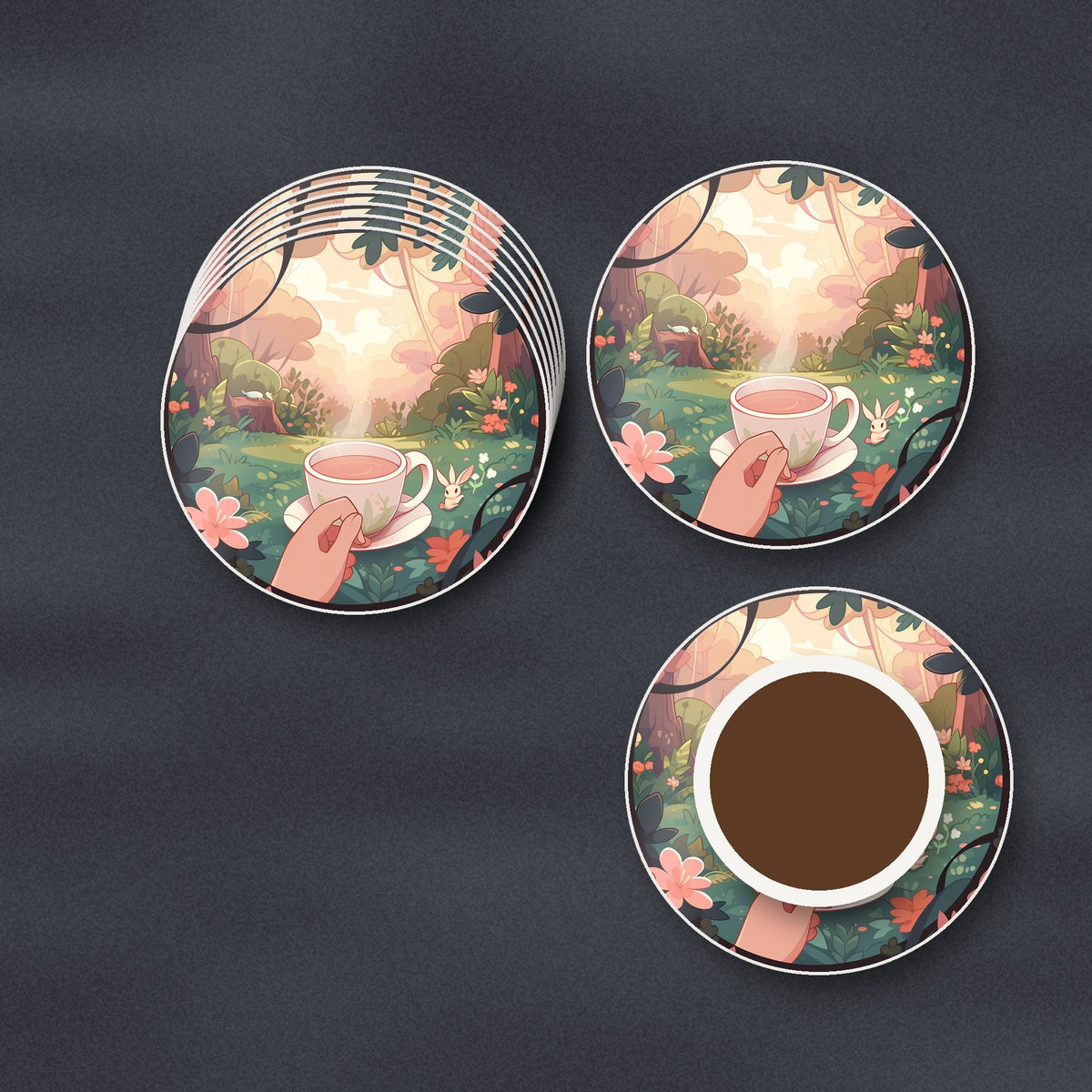 Cup of Tea in an Enchanted Garden round ceramic coasters stacked on a slate kitchen worktop