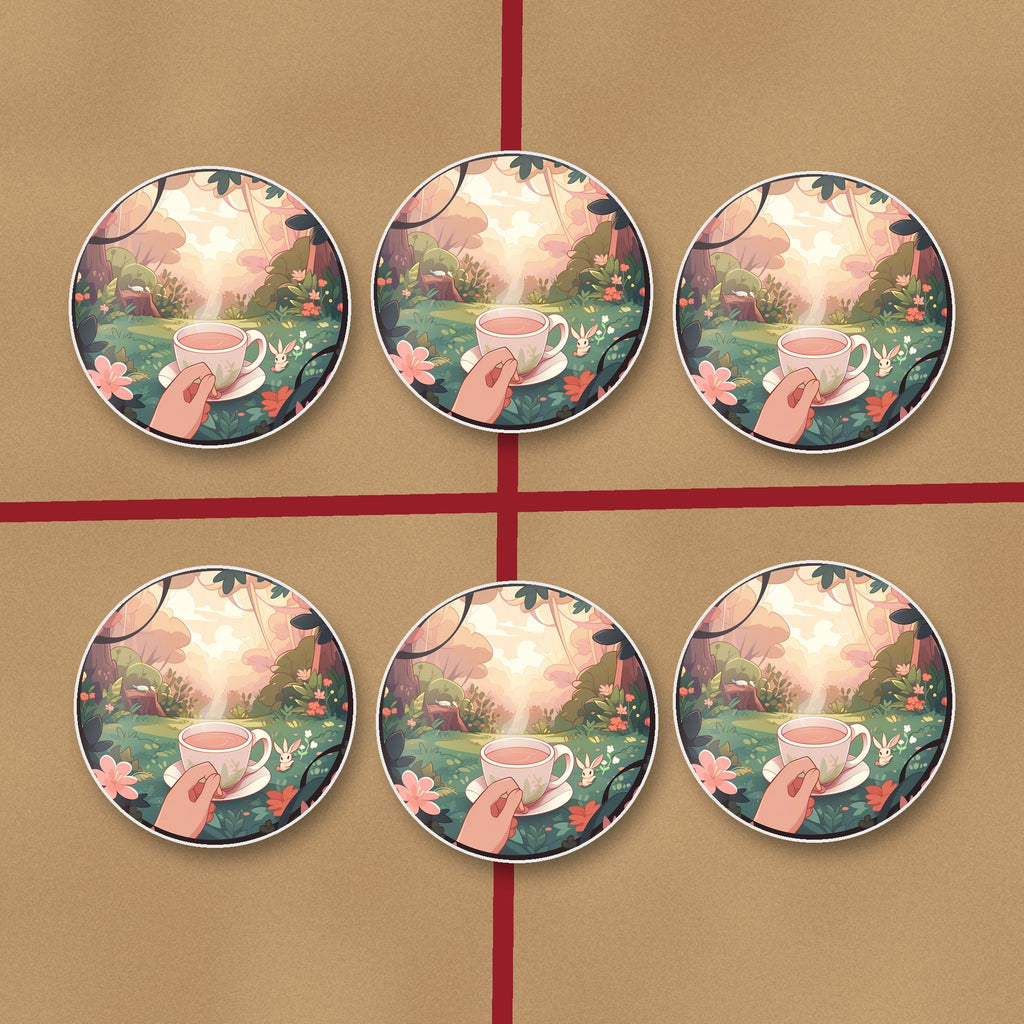 Cup of Tea in an Enchanted Garden round ceramic coasters on kraft gift wrap