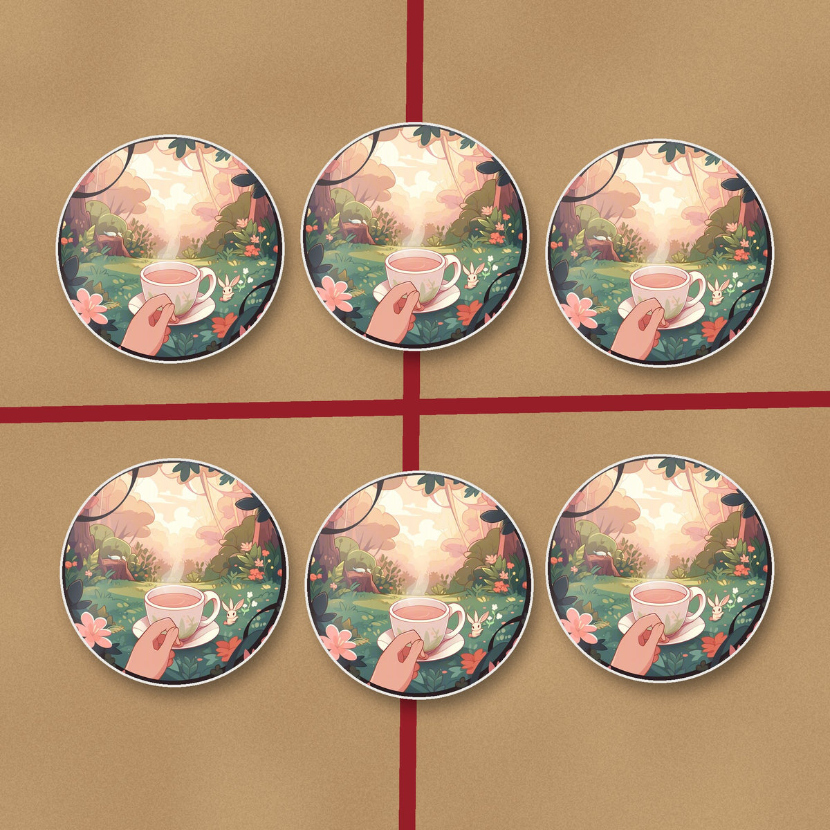 Cup of Tea in an Enchanted Garden round ceramic coasters on kraft gift wrap