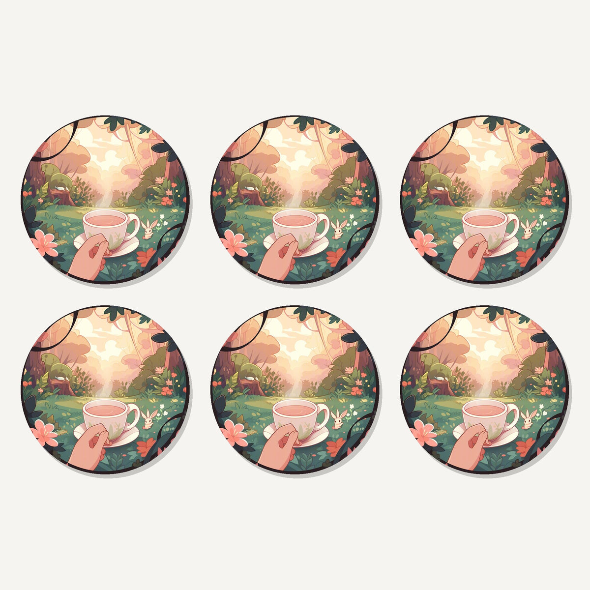 Flat lay of the cup of tea in an enchanted garden artwork on six round coasters