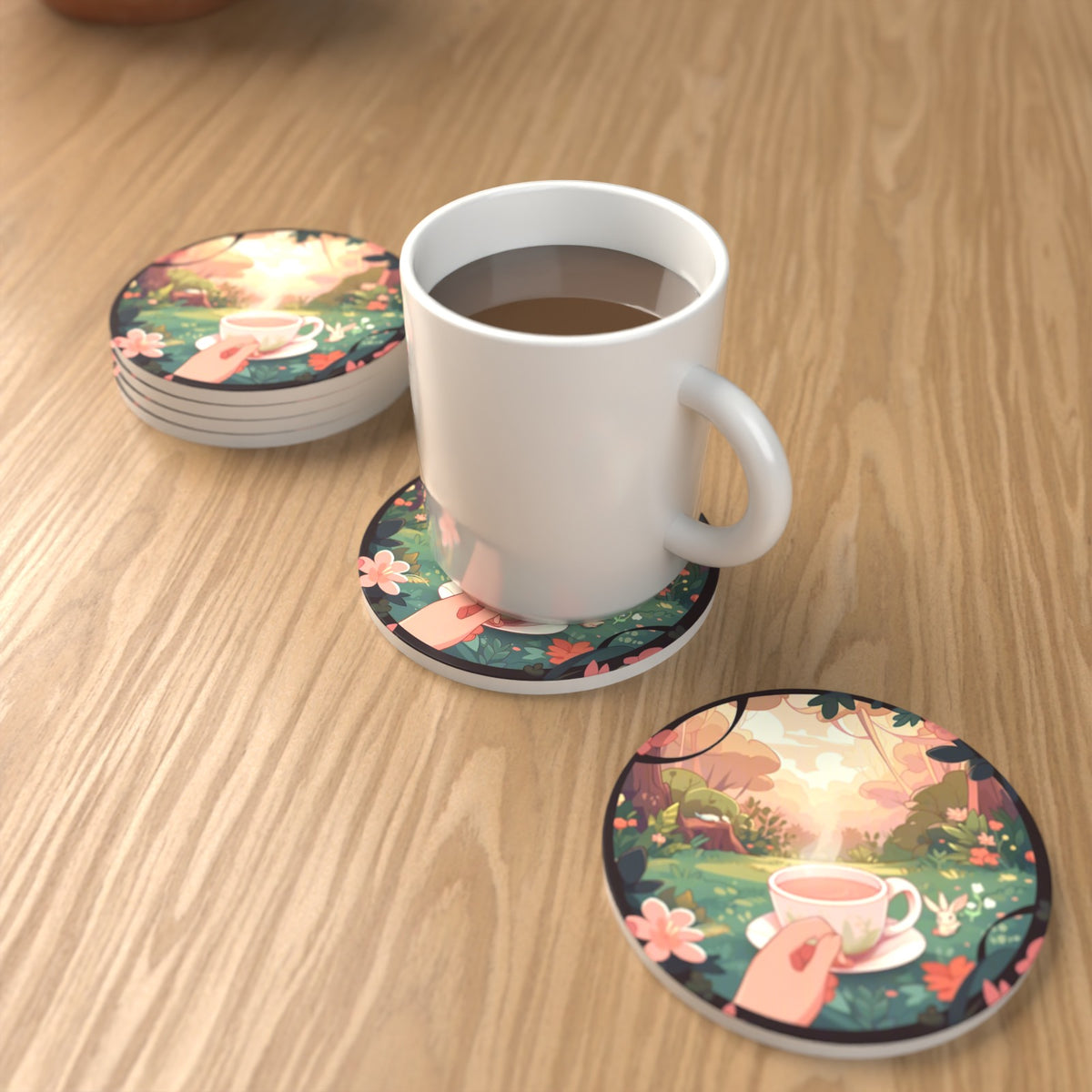 Cup of Tea in an Enchanted Garden Round Ceramic Coasters – Set of 6 – lifestyle mockup with a mug of coffee