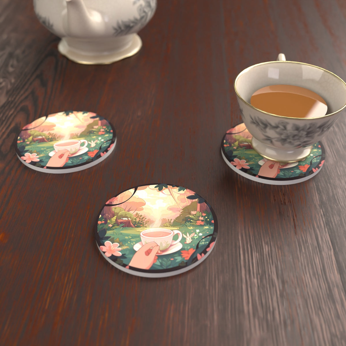 Cup of Tea in an Enchanted Garden Round Ceramic Coasters – Set of 6 – lifestyle mockup with a teacup