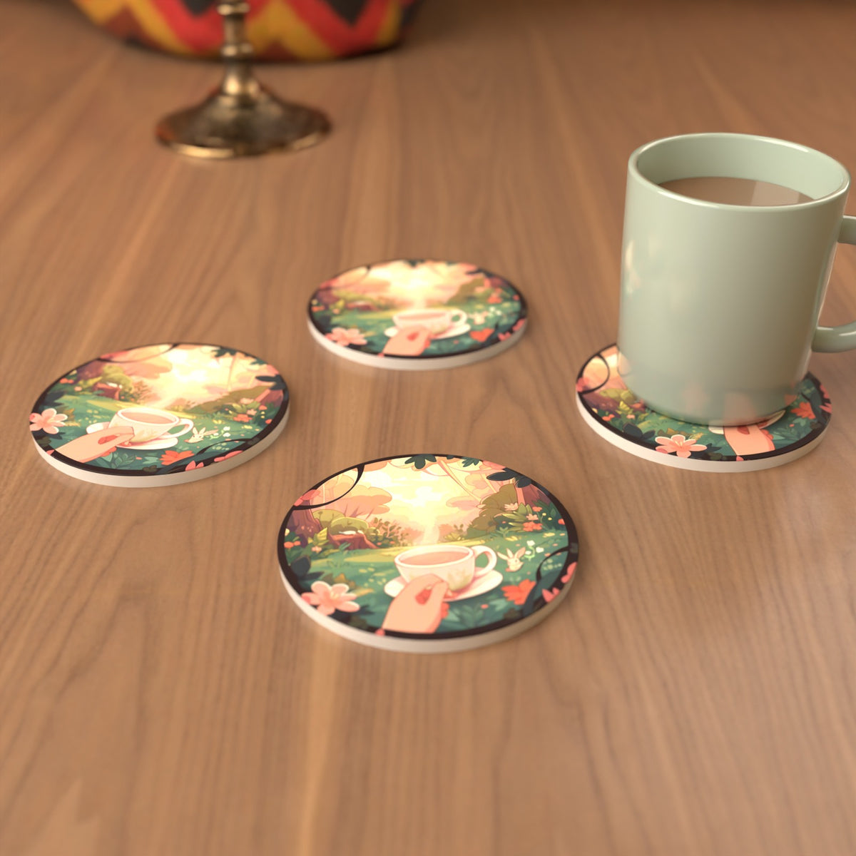 Cup of Tea in an Enchanted Garden Round Ceramic Coasters – Set of 6 – cosy lifestyle mockup