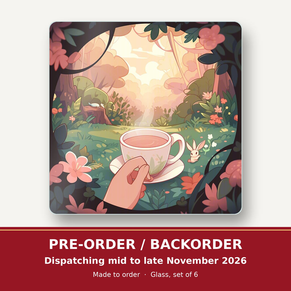 Cup of Tea in an Enchanted Garden square glass coaster set of 6 – pre-order / backorder, dispatching mid to late November 2026