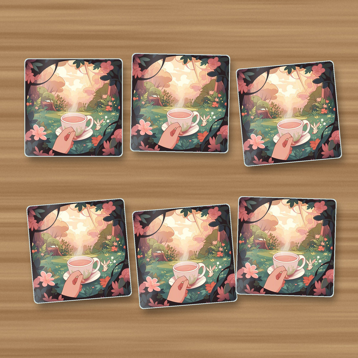 Cup of Tea in an Enchanted Garden square glass coasters, set of 6, on an oak coffee table