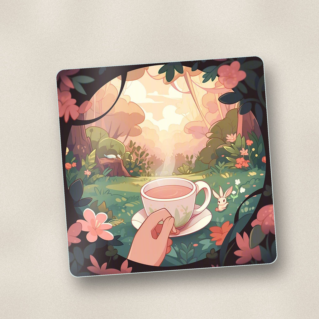 Close-up of one cup of tea in an enchanted garden square glass coaster, flat UV print