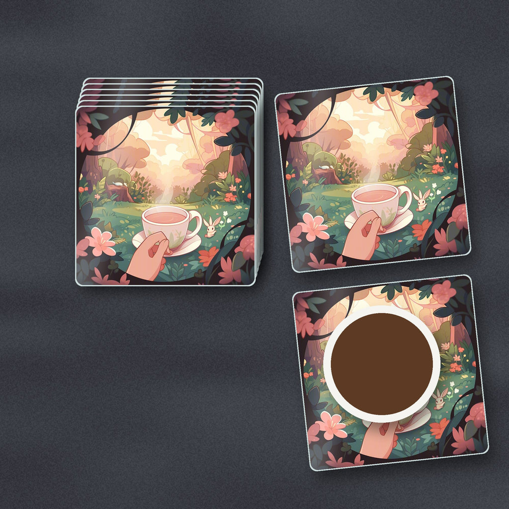 Cup of Tea in an Enchanted Garden square glass coasters stacked on a slate kitchen worktop