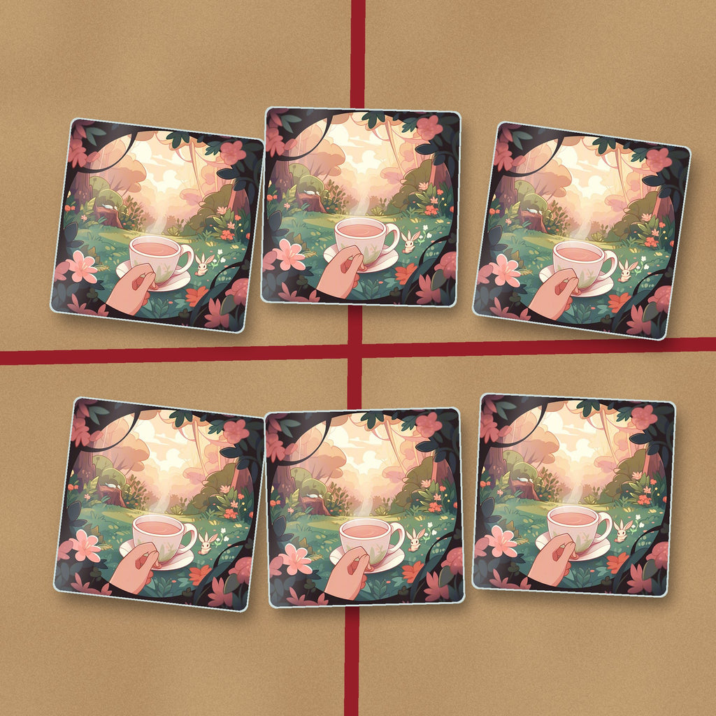 Cup of Tea in an Enchanted Garden square glass coasters on kraft gift wrap