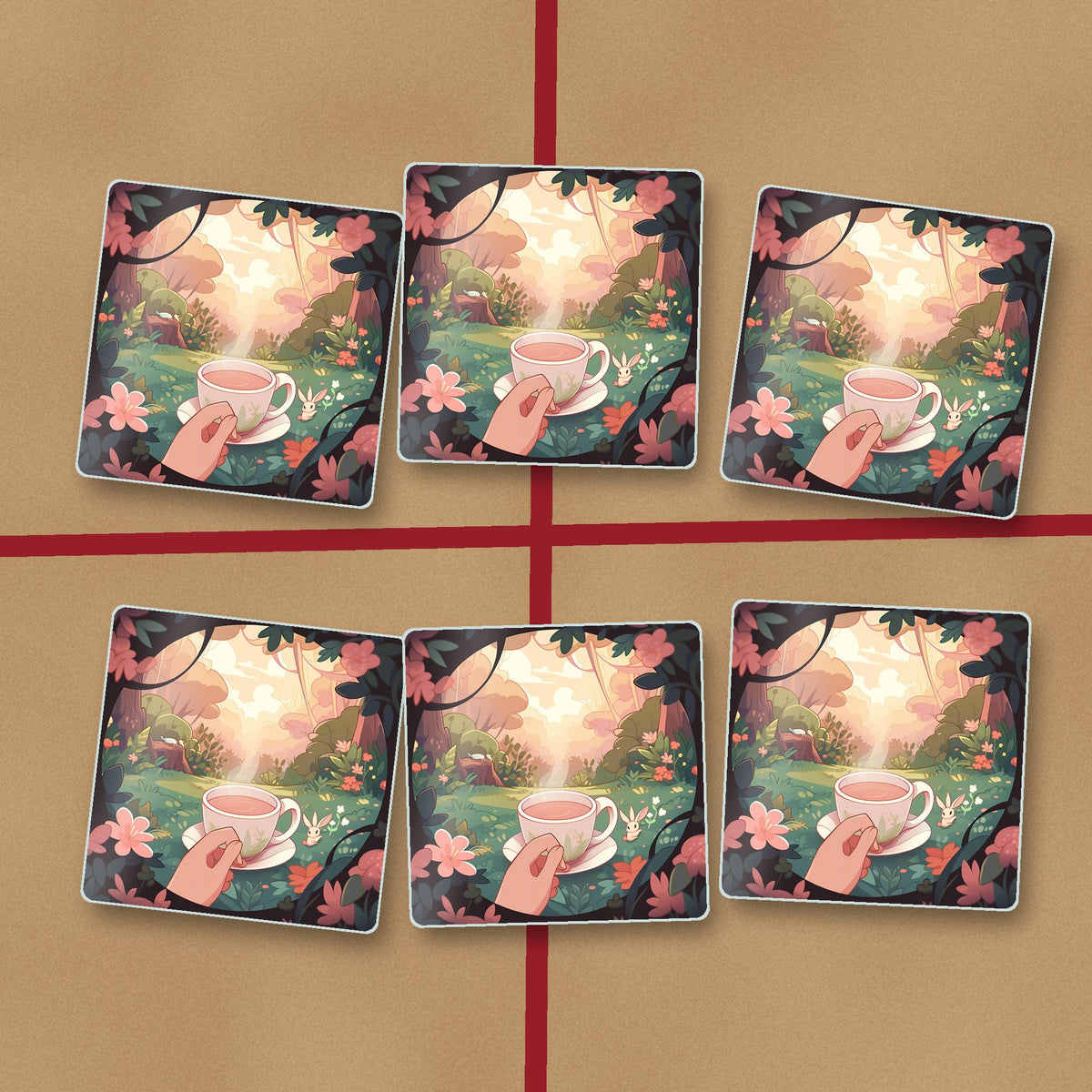 Cup of Tea in an Enchanted Garden square glass coasters on kraft gift wrap