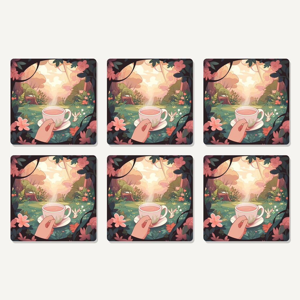 Flat lay of the cup of tea in an enchanted garden artwork on six square coasters