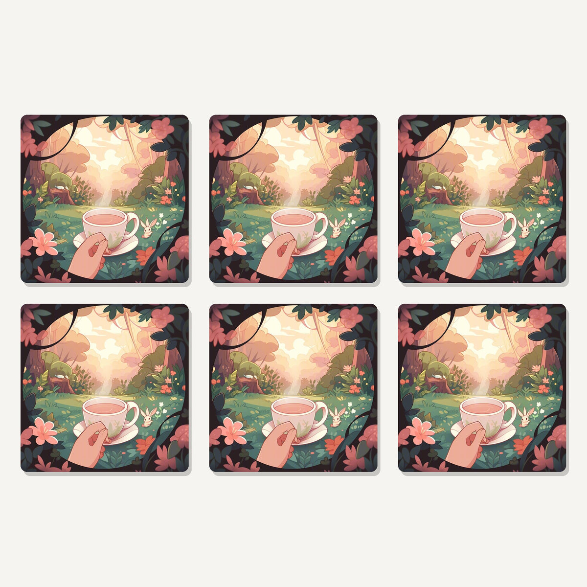 Flat lay of the cup of tea in an enchanted garden artwork on six square coasters