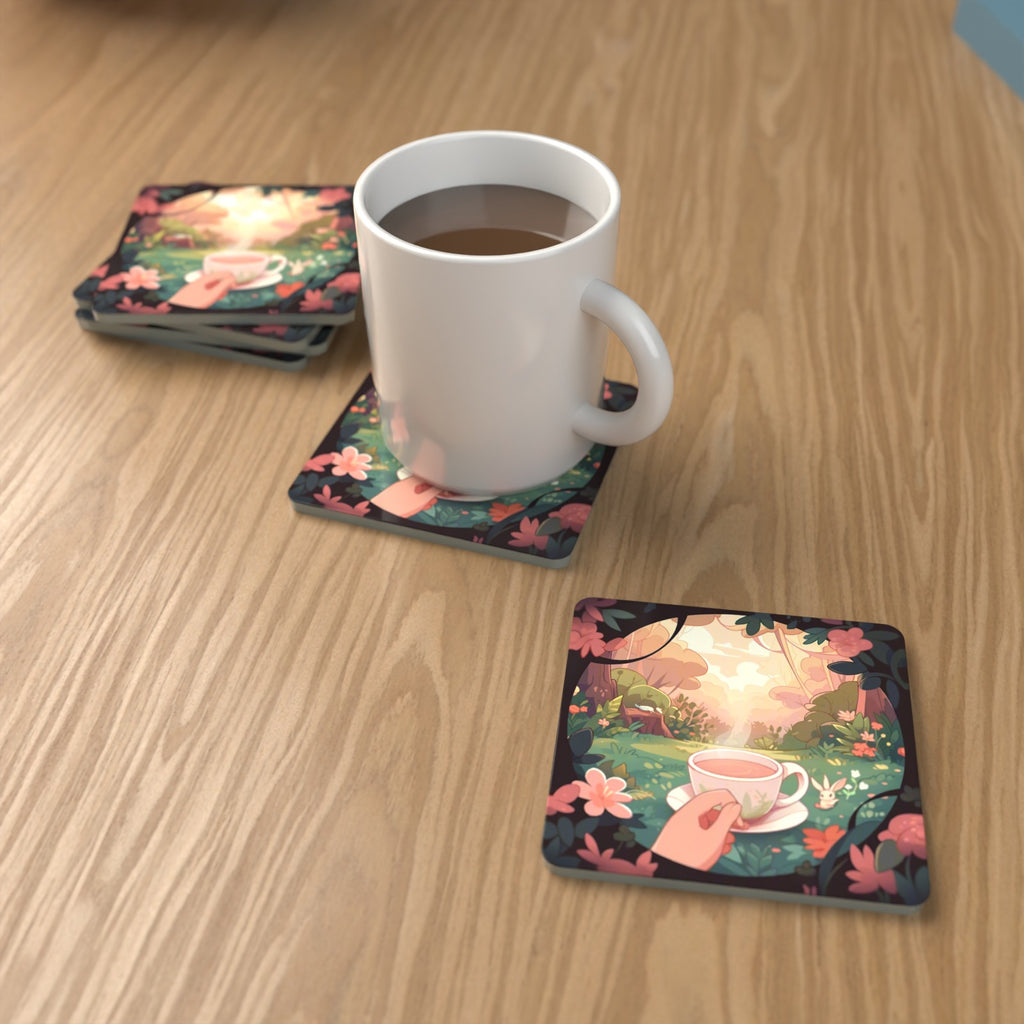 Cup of Tea in an Enchanted Garden Square Glass Coasters – Set of 6 – lifestyle mockup with a mug of coffee