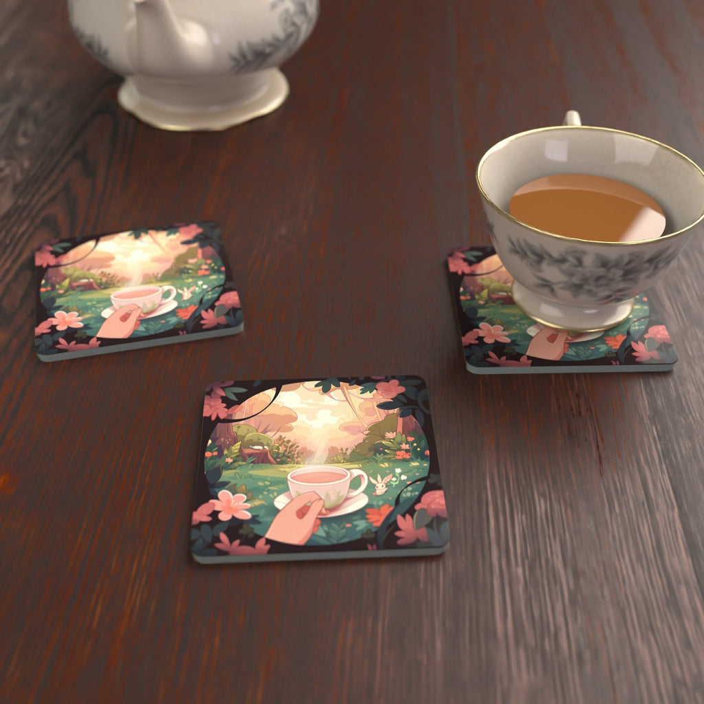 Cup of Tea in an Enchanted Garden Square Glass Coasters – Set of 6 – lifestyle mockup with a teacup