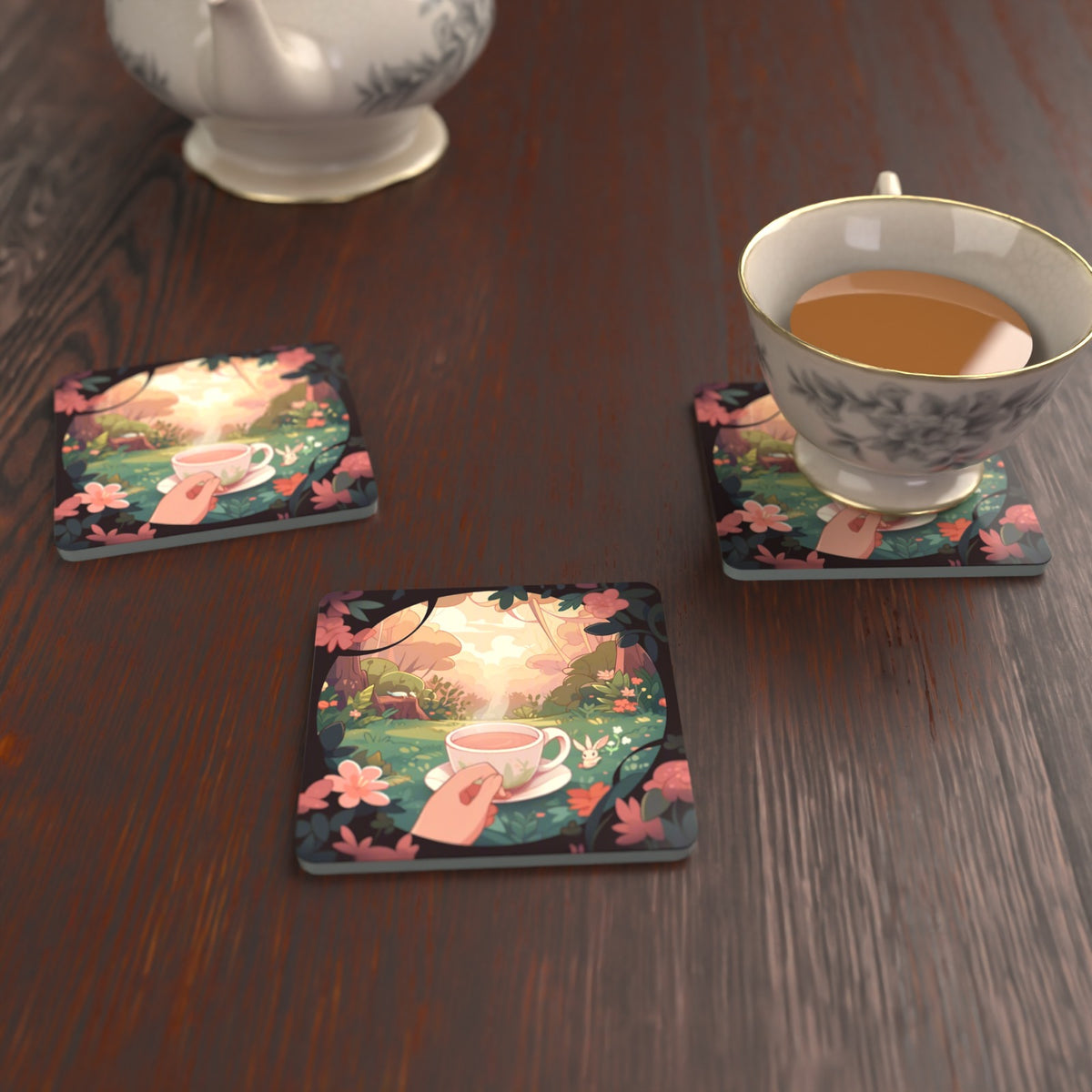 Cup of Tea in an Enchanted Garden Square Glass Coasters – Set of 6 – lifestyle mockup with a teacup