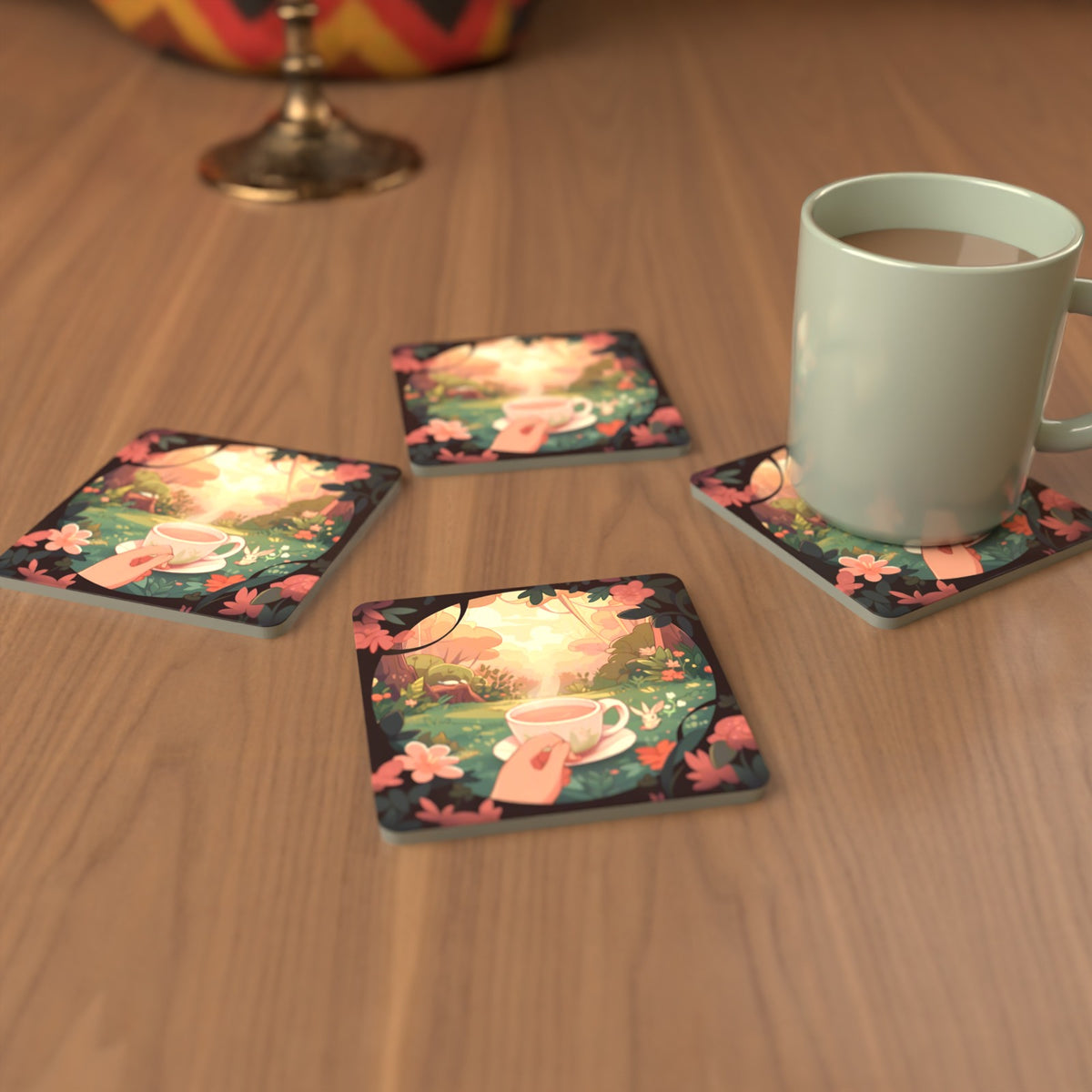 Cup of Tea in an Enchanted Garden Square Glass Coasters – Set of 6 – cosy lifestyle mockup