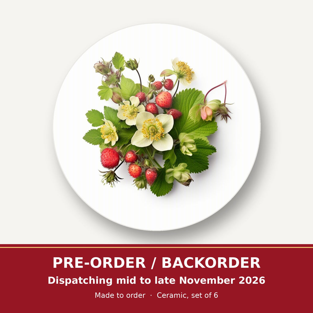 Strawberries & Blossom round ceramic coaster set of 6 – pre-order / backorder, dispatching mid to late November 2026