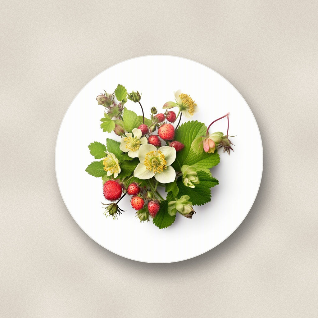 Close-up of one strawberries & blossom round ceramic coaster, flat UV print