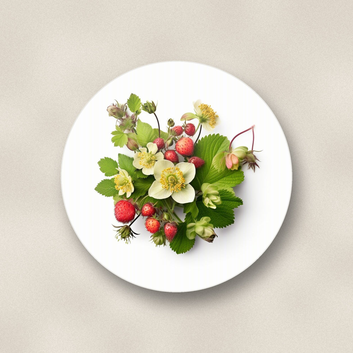 Close-up of one strawberries & blossom round ceramic coaster, flat UV print