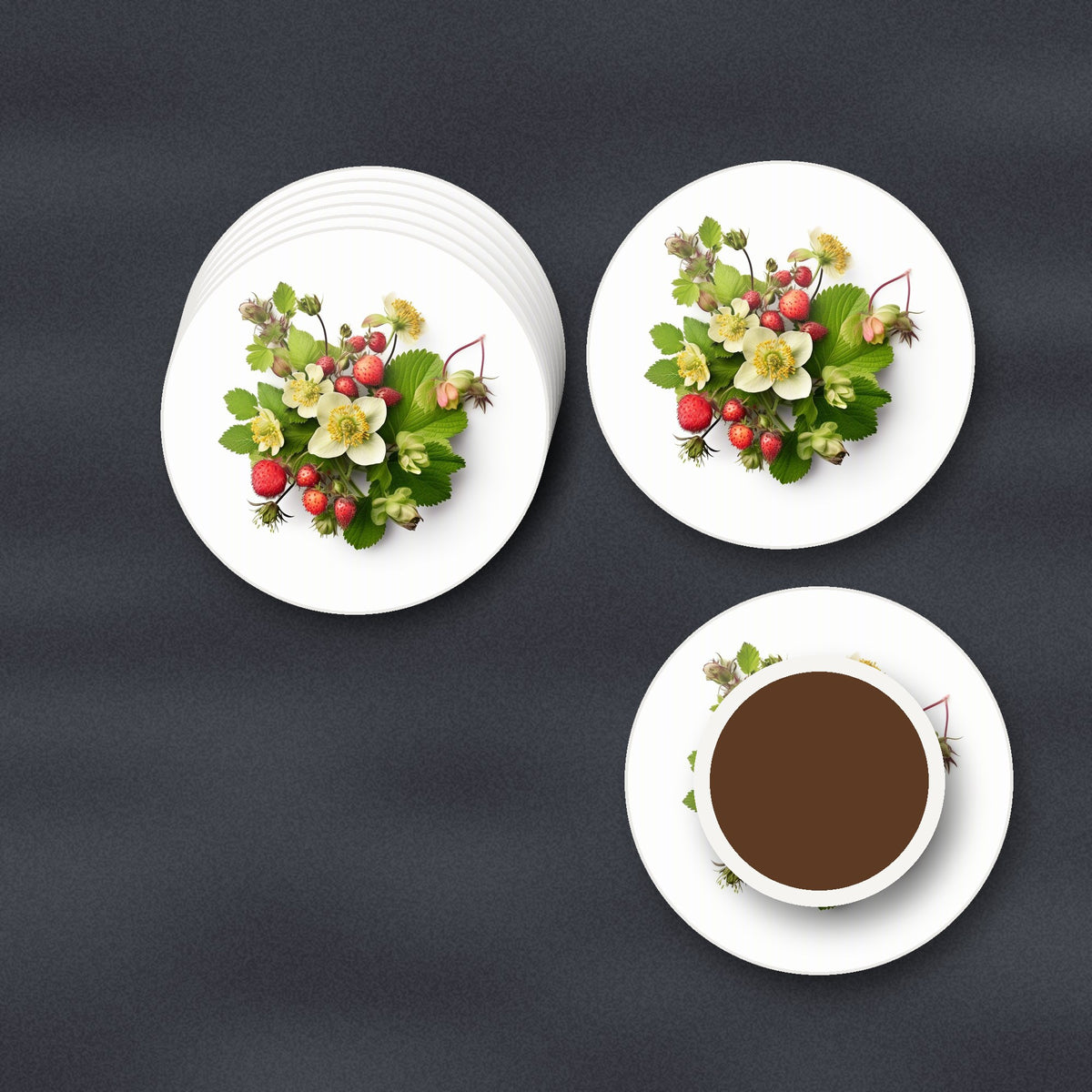 Strawberries & Blossom round ceramic coasters stacked on a slate kitchen worktop
