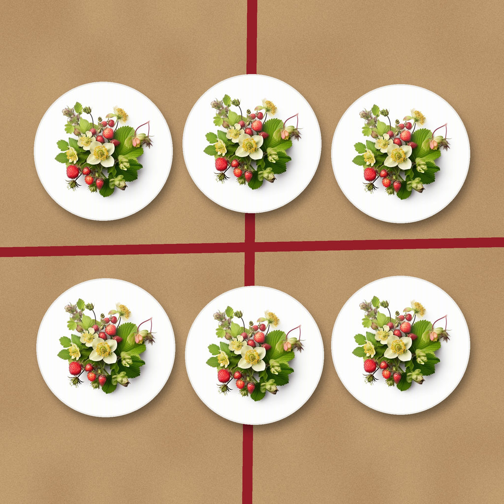 Strawberries & Blossom round ceramic coasters on kraft gift wrap
