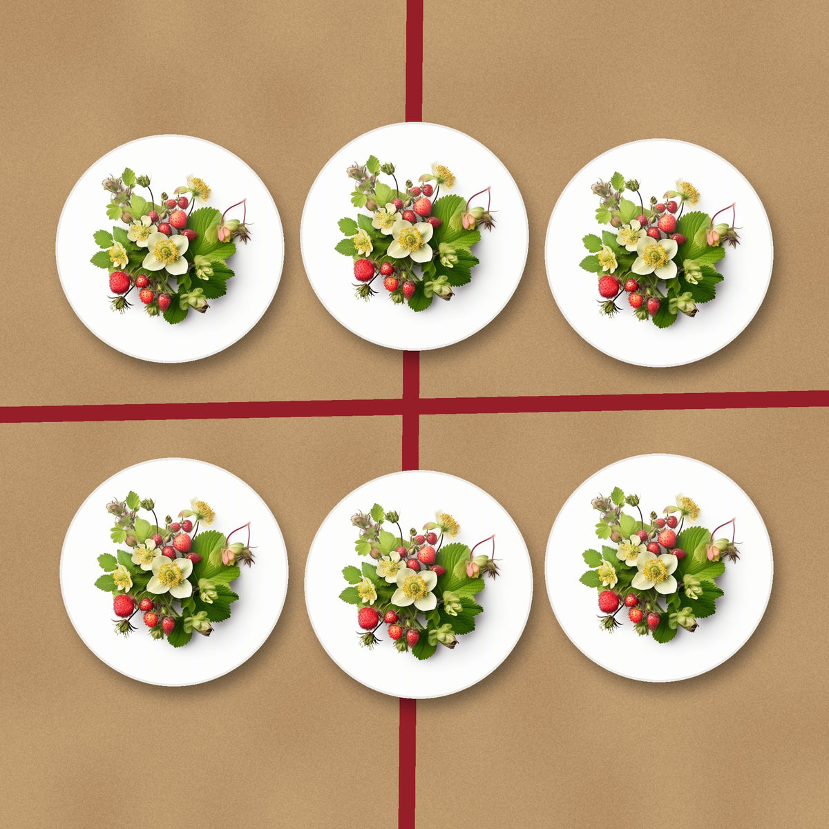 Strawberries & Blossom round ceramic coasters on kraft gift wrap