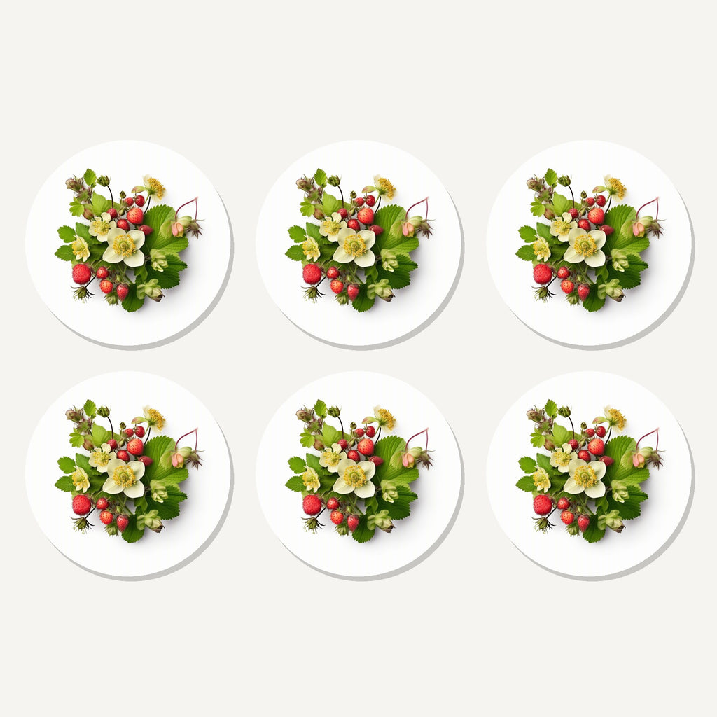 Flat lay of the strawberries & blossom artwork on six round coasters