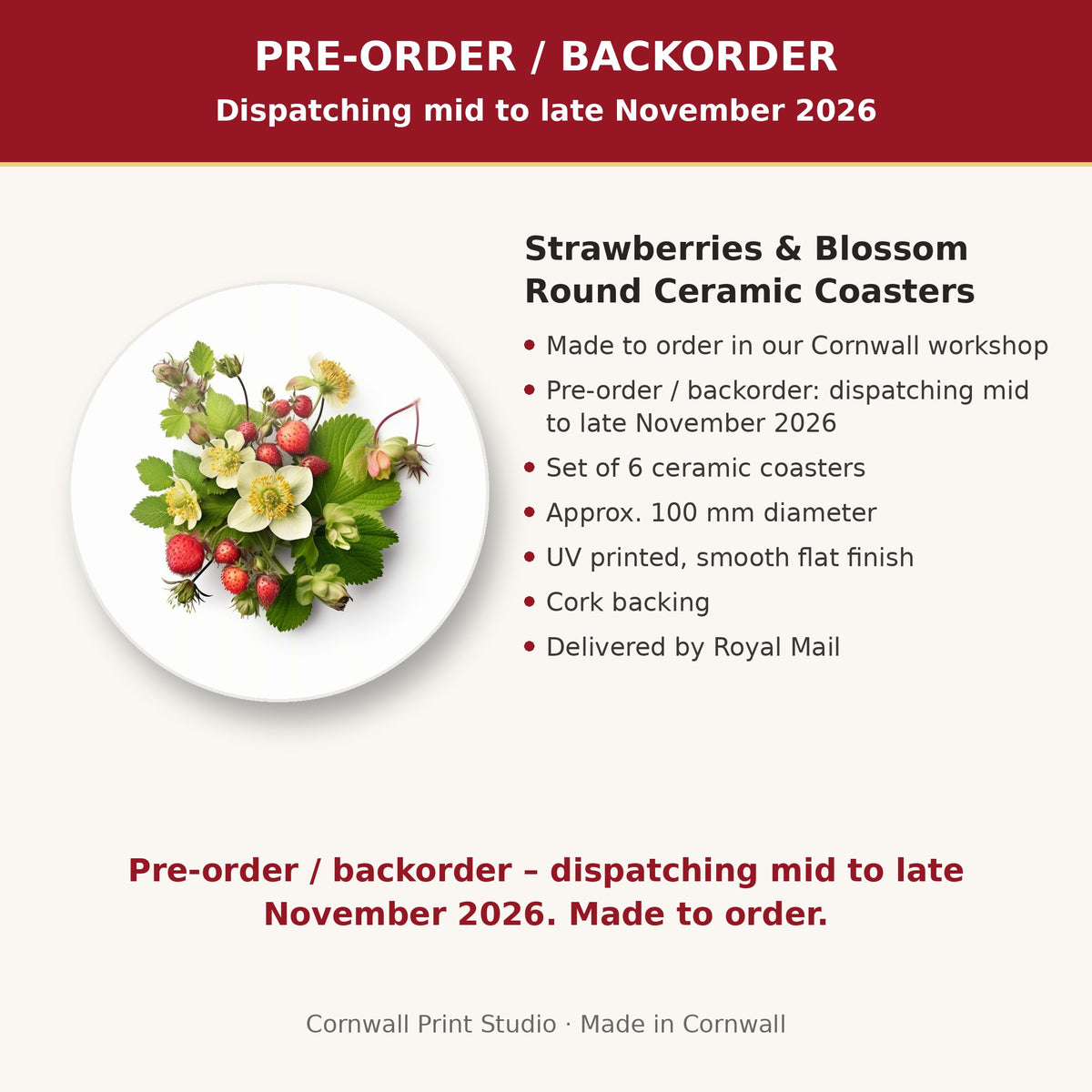 Info card: Strawberries & Blossom Round Ceramic Coasters – Set of 6, made to order, dispatching mid to late November 2026, delivered by Royal Mail