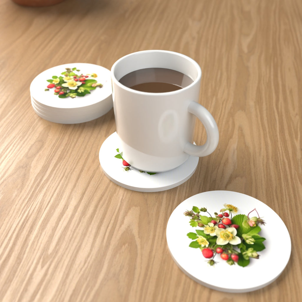 Strawberries & Blossom Round Ceramic Coasters – Set of 6 – lifestyle mockup with a mug of coffee