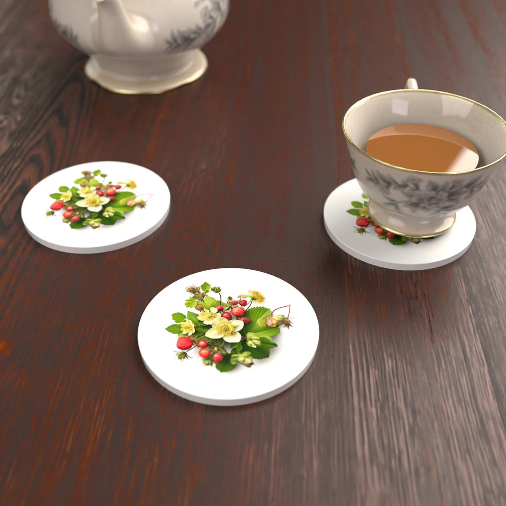 Strawberries & Blossom Round Ceramic Coasters – Set of 6 – lifestyle mockup with a teacup