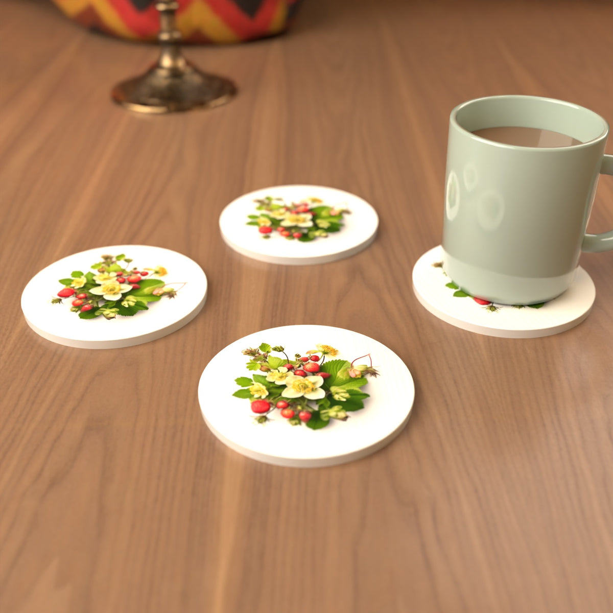 Strawberries & Blossom Round Ceramic Coasters – Set of 6 – cosy lifestyle mockup