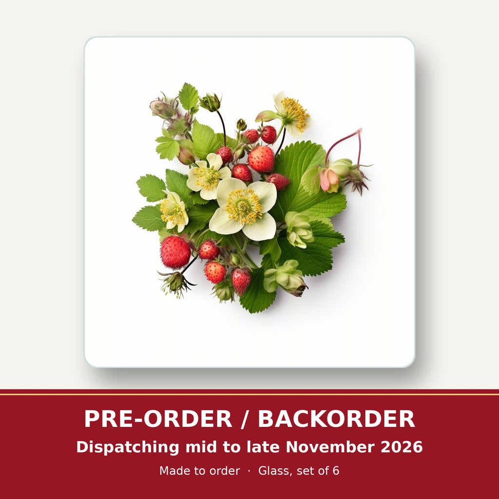 Strawberries & Blossom square glass coaster set of 6 – pre-order / backorder, dispatching mid to late November 2026