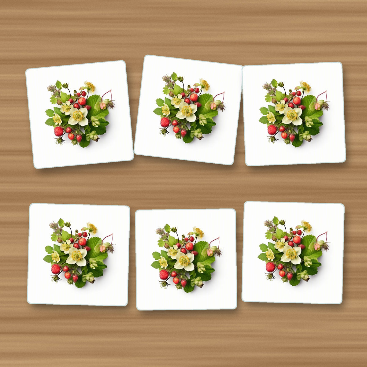 Strawberries & Blossom square glass coasters, set of 6, on an oak coffee table