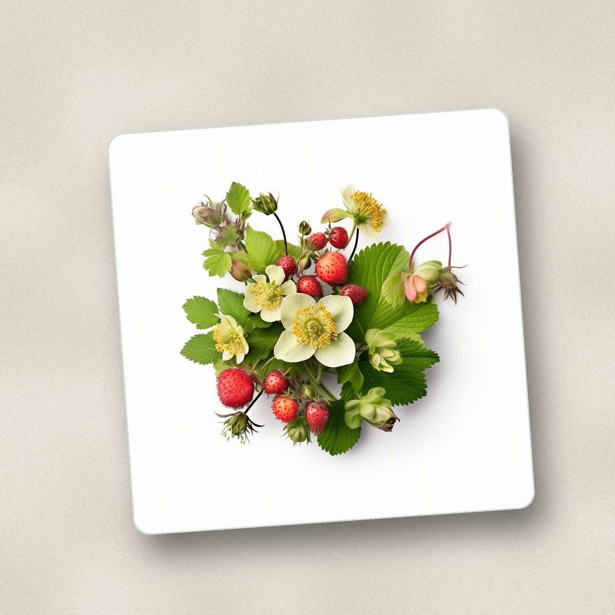 Close-up of one strawberries & blossom square glass coaster, flat UV print